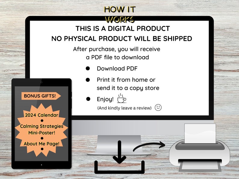 May include: A digital product listing on a computer screen with a description of how to download and print the product. The product includes a 2024 calendar, calming strategies, a mini-poster, and an about me page.