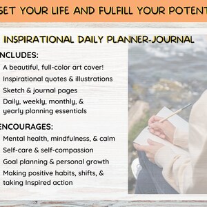 May include: A colorful inspirational daily planner journal with a woman writing in a notebook. The journal includes a full-color art cover, inspirational quotes and illustrations, sketch and journal pages, and daily, weekly, monthly, and yearly planning essentials. It encourages mental health, mindfulness, self-care, goal planning, and making positive habits.