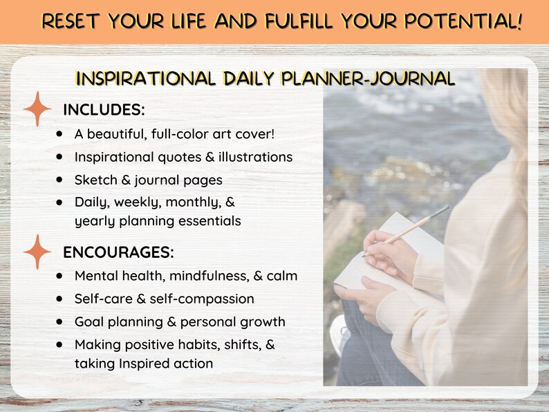 May include: A colorful inspirational daily planner journal with a woman writing in a notebook. The journal includes a full-color art cover, inspirational quotes and illustrations, sketch and journal pages, and daily, weekly, monthly, and yearly planning essentials. It encourages mental health, mindfulness, self-care, goal planning, and making positive habits.