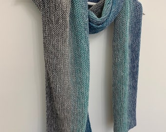 Handknitted cotton scarf in pastel blue, green and grey
