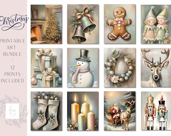 Decoración navideña de temporada / Arte mural de galería navideña en tonos pastel / Láminas vintage de invierno