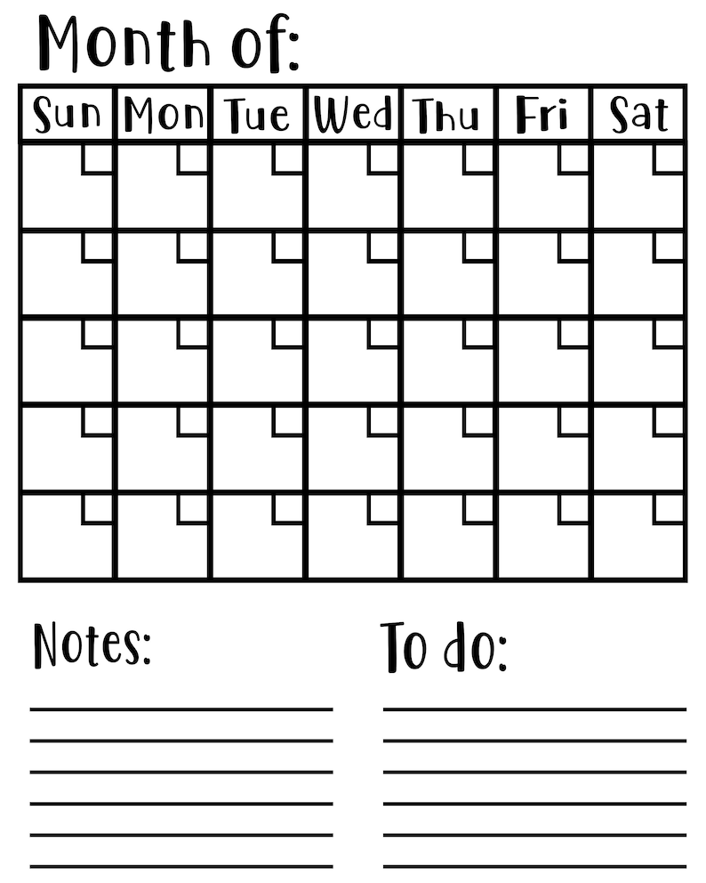 Blank Calendar With Notes & to Do Svg File Month of Svg Etsy