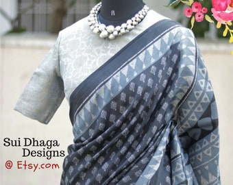 Indian Saree Grey Blue White Silk Cotton Daytime Casual Wear, Work wear Sari, Indian Dress Grey Saree, Office Wear, Elegant