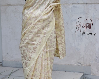 Sari de seda amarillo, bordado Gota Patti de cobre, sari de boda