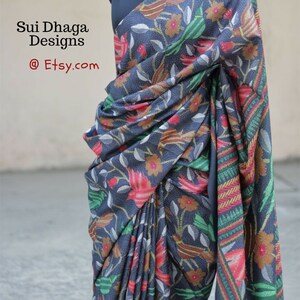Designer Dark Blue Floral Cotton Silk Saree With Blouse Piece, Partywear, Workwear, Casual Custom Blouse Stitching Available