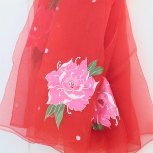 Red Hand-painted pure Silk organza Bridal veil with Pink Florals, Made to order, wedding parties Diwali Wear dupatta designer fashion