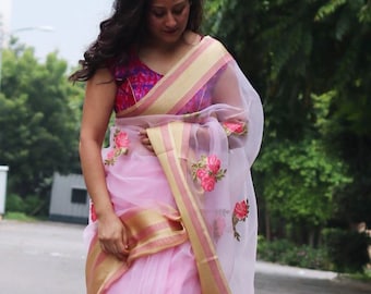 Baby Pink Organza Soft Silk Designer Leer para usar Saree con pieza de blusa, saris de ropa diurna, Festival Bollywood, Casual o Partywear Saree