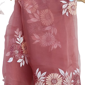 Hand painted Pure Silk floral organza Feminine dupatta long stole wrap, Pink White Scarf, Veil, Festive Wear Scarves, Wedding Wear Dupatta