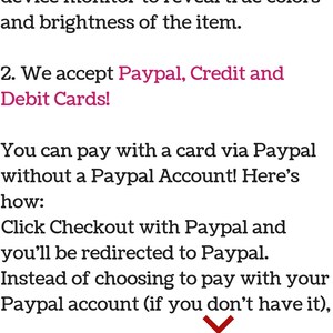 Puede incluir: Texto sobre fondo blanco, con el encabezado "Please note:" en rojo. El texto aconseja aumentar el brillo de la pantalla para obtener colores reales y explica c&oacute;mo pagar con tarjeta a trav&eacute;s de PayPal sin cuenta.