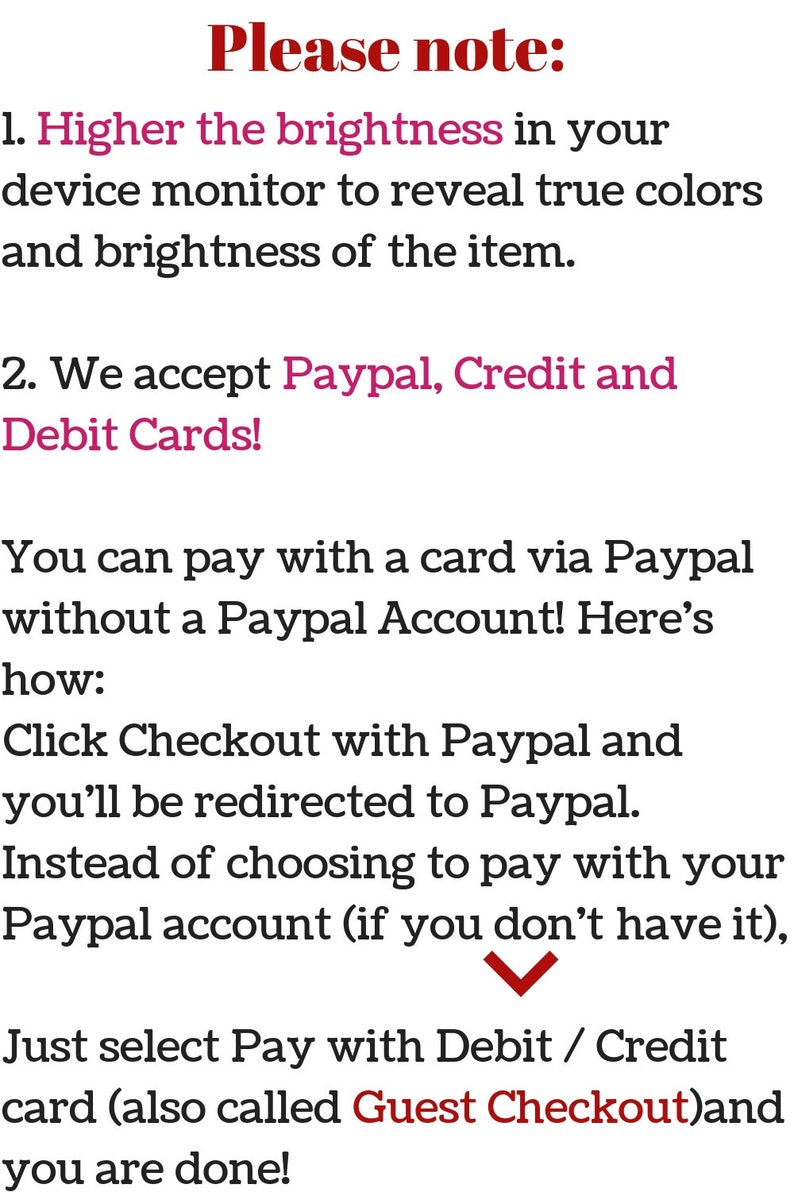 Puede incluir: Texto sobre fondo blanco, con el encabezado "Please note:" en rojo. El texto aconseja aumentar el brillo de la pantalla para obtener colores reales y explica c&oacute;mo pagar con tarjeta a trav&eacute;s de PayPal sin cuenta.