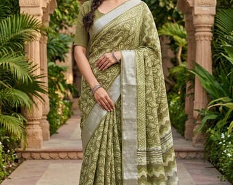 Handloom Linen Saree, Organically Dyed, Zari Border, Blouse Piece