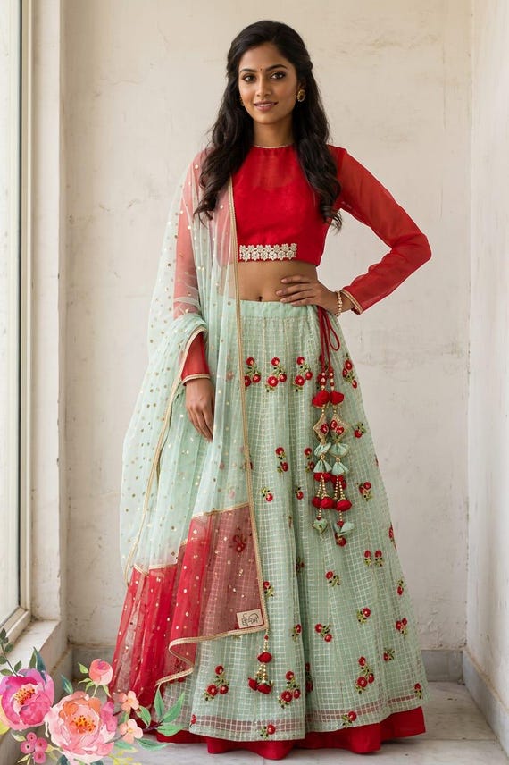 mint green and red dress Designer Organza Lehenga Choli, & Red, Partywear Wedding flutter sleeve satin dress