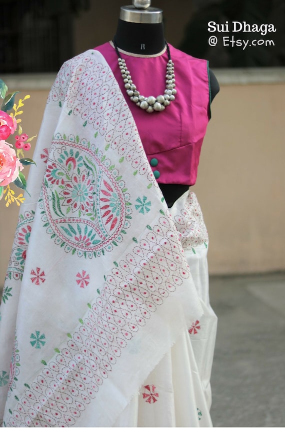 Kantha Embroidery Gujrati Stitch Indian saree White Partywear Wedding Silk saree for women, Hand Work Embroidered