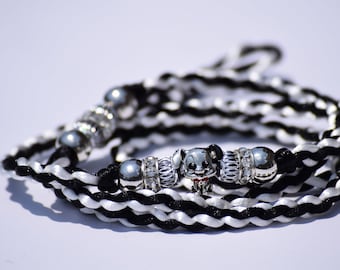 Braided Dog Show Lead, Black & White Cord, Beaded
