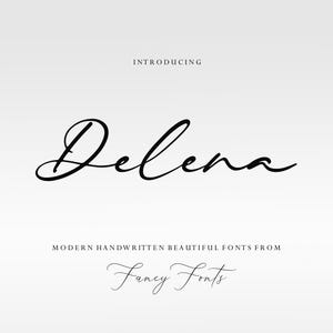 Può includere: Una visualizzazione grafica digitale che presenta il testo INTRODUCING in piccole lettere maiuscole, seguito dalla parola Delena in un grande carattere calligrafico nero, e il testo MODERN HANDWRITTEN BEAUTIFUL FONTS FROM Fancy Fonts sotto.