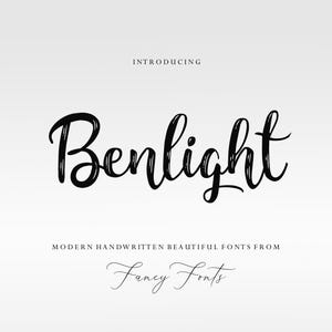 May include: A digital graphic display featuring the text INTRODUCING in small capital letters above the word Benlight written in a large black handwritten script font. Below this, the text MODERN HANDWRITTEN BEAUTIFUL FONTS FROM Fancy Fonts appears.