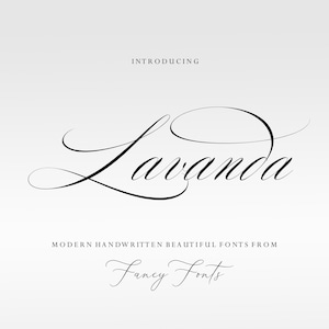 May include: A digital graphic display featuring the word Lavanda in a black, elegant, flowing script font. Above the word is the text INTRODUCING, and below it is the text MODERN HANDWRITTEN BEAUTIFUL FONTS FROM Fancy Fonts in black.