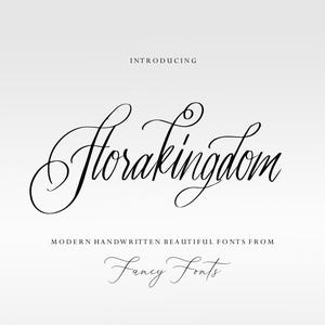 以下が含まれることがあります： エレガントで流れるような筆記体で「Florakingdom」という単語が書かれたデジタルグラフィック。テキストは黒で、薄いグレーの背景に表示されています。下には「Modern Handwritten Beautiful Fonts From Fancy Fonts」と書かれています。
