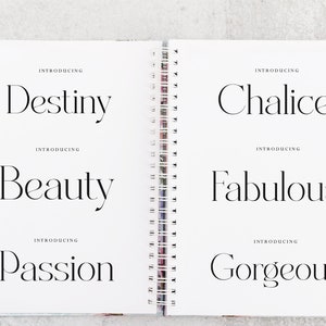 May include: An open notebook with a white background and black text. The text reads "Introducing Destiny", "Introducing Beauty", "Introducing Passion", "Introducing Chalice", "Introducing Fabulous", and "Introducing Gorgeous".