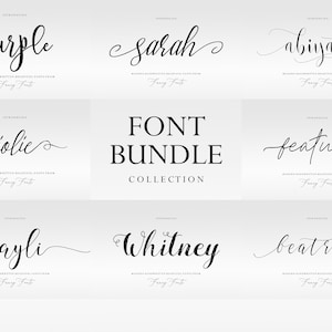 May include: A collection of elegant handwritten fonts, including "Purple," "Sarah," and "Abiyata," displayed on a light gray background. The words "FONT BUNDLE COLLECTION" are centered in a bold, sans-serif font. Each font is labeled "Introducing."