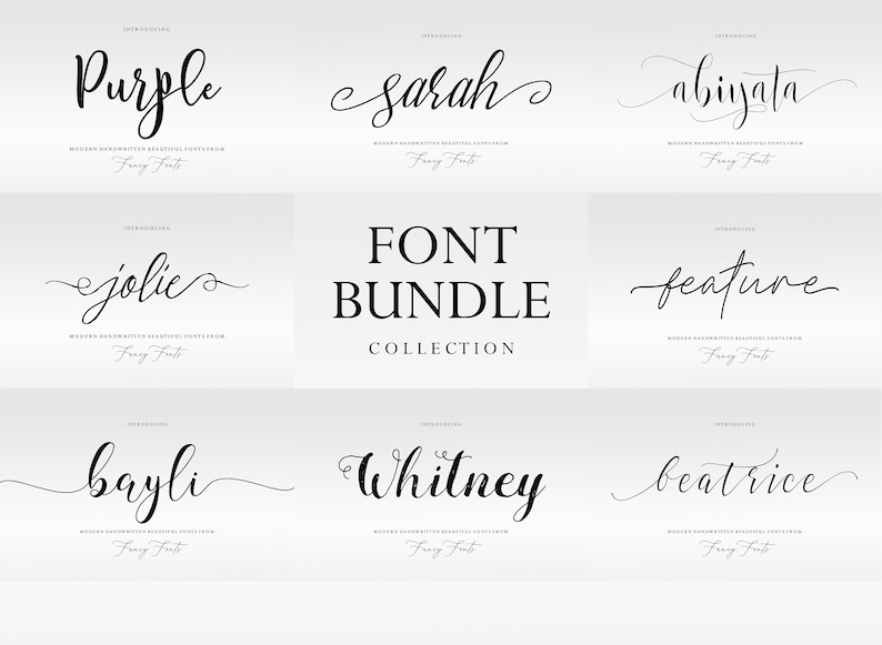 Pode incluir: Uma cole&ccedil;&atilde;o de fontes manuscritas elegantes, incluindo "Purple", "Sarah" e "Abiyata", exibidas em um fundo cinza claro. As palavras "FONT BUNDLE COLLECTION" est&atilde;o centralizadas em uma fonte sans-serif em negrito. Cada fonte &eacute; rotulada "Introducing".