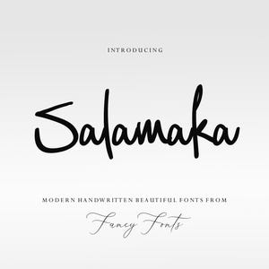 May include: A digital graphic featuring the word "Salamaka" in a bold, handwritten font. The text is in black against a light gray background. Additional text reads "Introducing" and "Modern Handwritten Beautiful Fonts From Fancy Fonts."