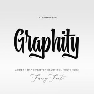 May include: A graphic design featuring the word "Graphity" in bold, black, handwritten font. The text is centered on a light gray background, with the words "Introducing" and "Modern Handwritten Beautiful Fonts From Fancy Fonts" in smaller text.