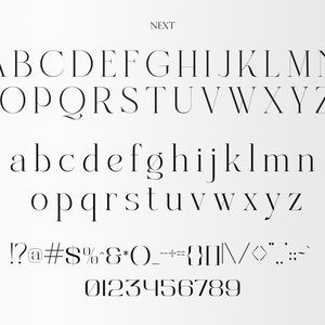 May include: A font alphabet chart with uppercase and lowercase letters, numbers, and punctuation marks. The font is a modern, minimalist sans-serif font.
