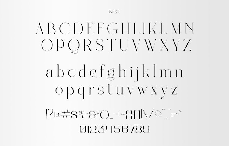 May include: A font alphabet chart with uppercase and lowercase letters, numbers, and punctuation marks. The font is a modern, minimalist sans-serif font.