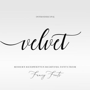 May include: A digital graphic with the word "velvet" in elegant, flowing black script. The text is centered on a light gray background, with the words "Introducing" and "Modern Handwritten Beautiful Fonts From Fancy Fonts" above and below.