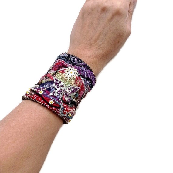 Boho Fabric Wrapped Bangle Beaded Bracelets - Set of 3 - Handmade #EB-C |  eBay