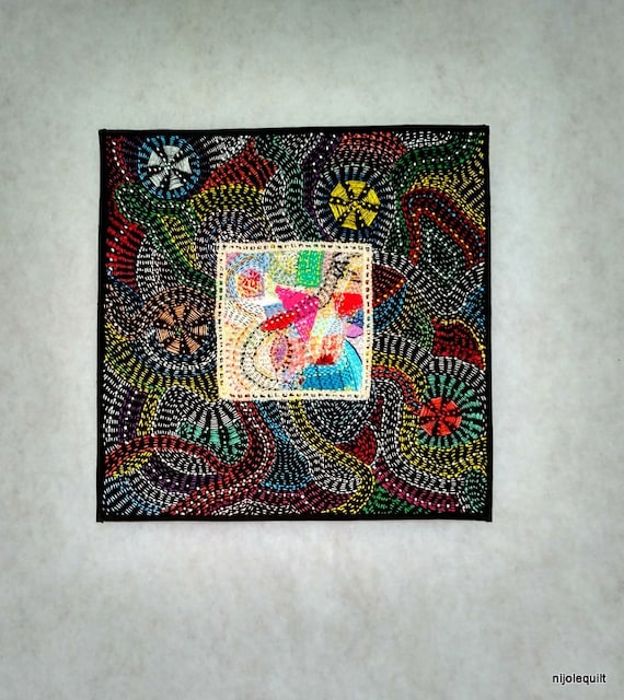 Abstract Fiber Art Quilt, Embroidered Textile Wall Hanging, Hand Quilted