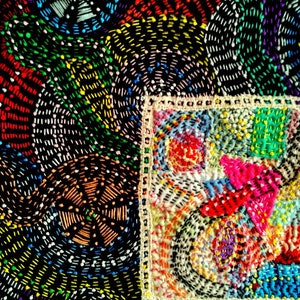 May include: A colorful patchwork quilt with a variety of geometric shapes and patterns. The quilt is made of different fabrics and colors, including red, green, blue, yellow, and white. The quilt is stitched together with a white thread. The quilt is a unique and beautiful piece of art.