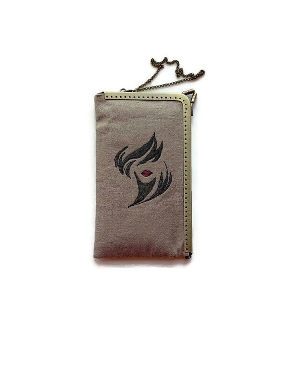 Phone Case Wallet Handmade Cluch Handbag Handmade Case Linen Phone Case Gift For Women Document wallet With Metal Frame Brown Color