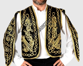 Black Winged Velvet Sleeved Embroidered Ottoman VEST  a25206