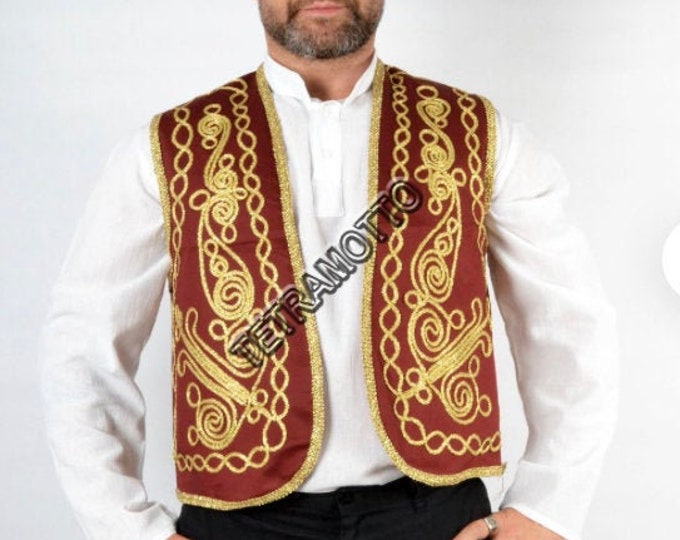 BURGUNDY VEST Authentic Ottoman Turkish Embroidered Vest,Waist,Waistcoat, Hand made Medieval a25205