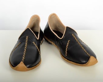 Black Yemeni Shoes Leather Handmade Handcrafted Traditional Turkish Slip Ons Loafers A25266