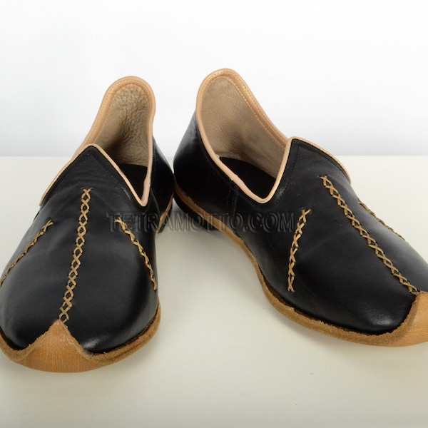 Black Yemeni Shoes Leather Handmade Handcrafted Traditional Turkish Slip Ons Loafers A25266
