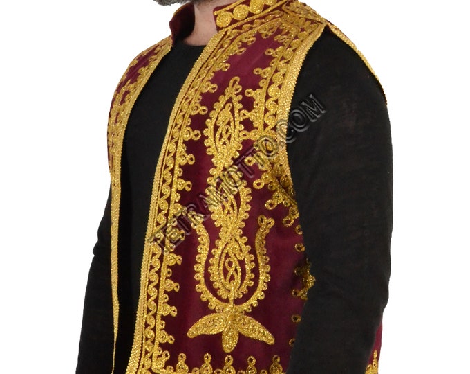 First Class Embroidered Velvet Ottoman Vest Burgundy A25274