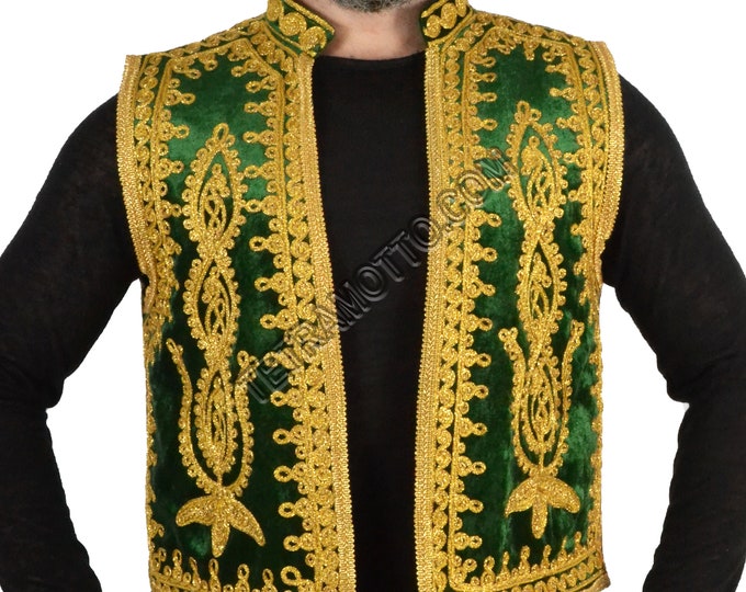First class Green Velvet Embroidered Sleeved ottoman vest a25275