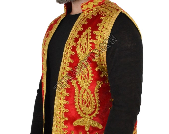 First Class Embroidered Velvet Ottoman Vest Red  a25273