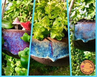 hanging pot of flowers made of clay