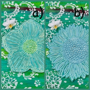 May include: Two turquoise ceramic flower-shaped decorative pieces. One is a stylized flower, the other a sunflower. Both are on a green background with white floral patterns and a white orchid. The image is labeled with the letters "a)" and "b)".