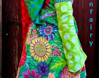 Colorful hooded dress with fairy sleeves