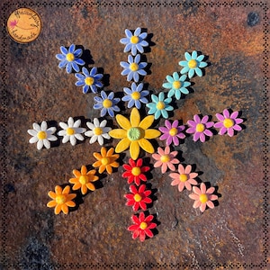 Könnte beinhalten: Eine farbenfrohe Anordnung von Keramik-Gänseblümchen in einem Regenbogenmuster. Die Blumen sind in einem Kreis angeordnet, mit einer gelben Gänseblümchen in der Mitte. Die Blumen sind handgefertigt und haben einen rustikalen, Vintage-Look.