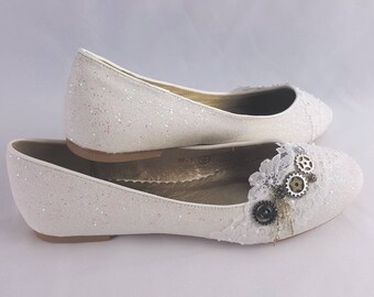 Steampunk wedding shoes flat, wedding shoes flat, steampunk shoes flat, steampunk wedding shoes, white shoes flat, steampunk costume, flats