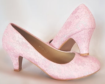 Pink Lace Wedding Shoes Low Heel 