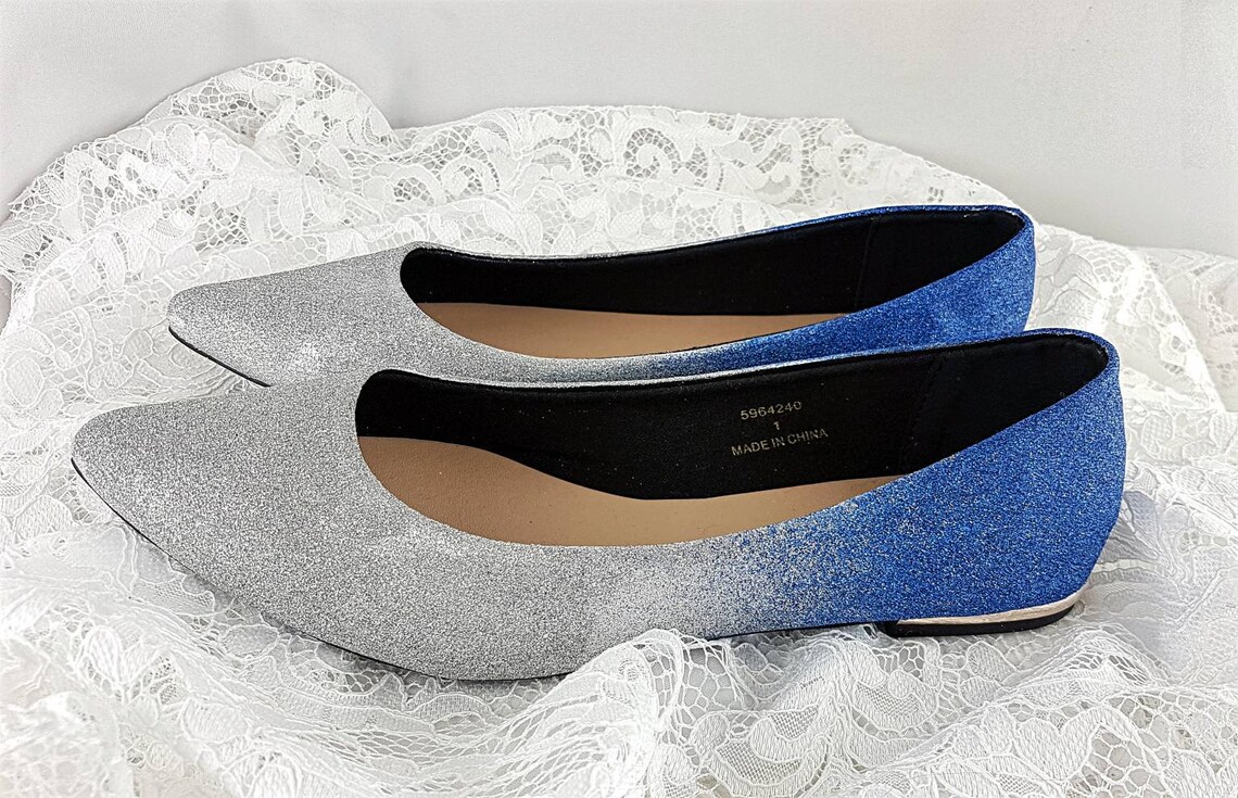 Blue silver glitter shoes flat blue wedding shoes flat Etsy