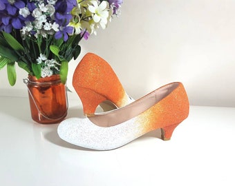 White orange wedding shoes low heel, low heel wedding shoes, orange wedding shoes low heel, orange white glitter shoes, white glitter shoes