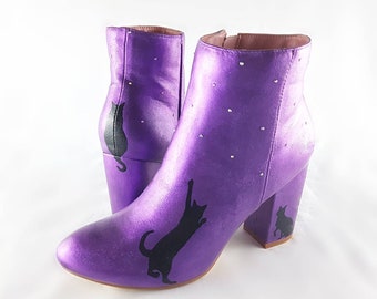 Personalised boots, cat boots, cat shoes, cat shoes purple, personalised shoes, personalised shoes purple, wedding boots, wedding block heel